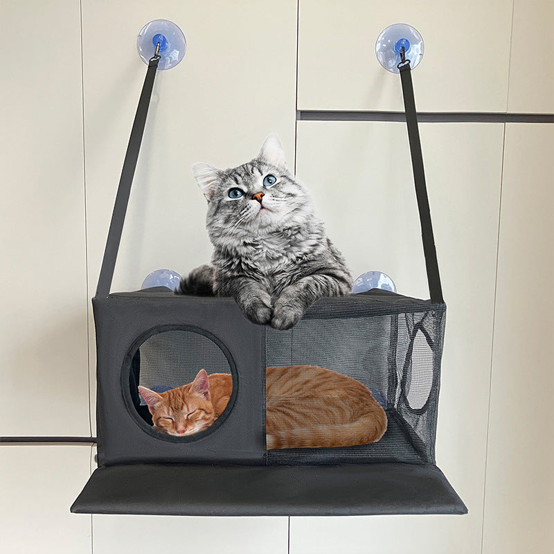 Suction cup hanging window cat bed, further angle view