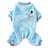 Coral fleece four-leg dog jumpsuit with holiday print in Grey, top view