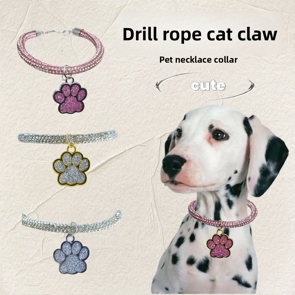 Cat paw rhinestone chain collar in gold and white for cats