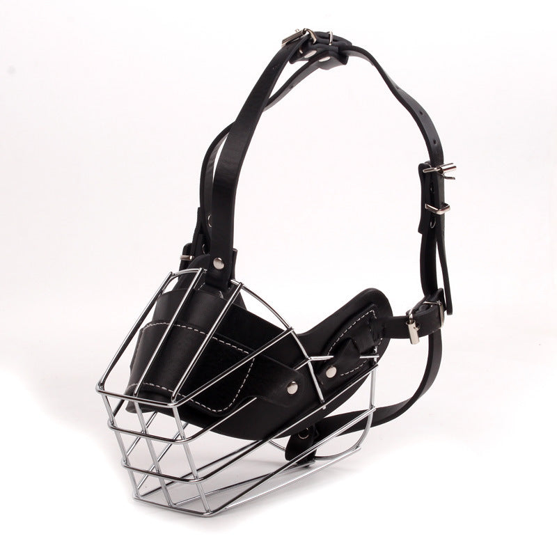 Brown leather dog muzzle with chrome frame in four sizes