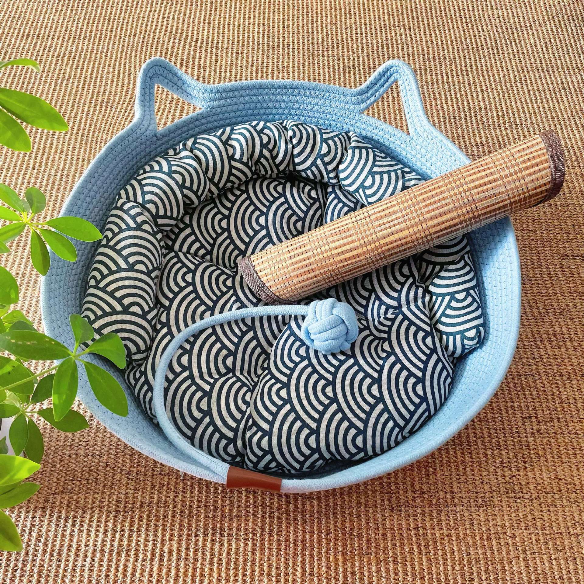 Small woven rattan cat nest in macaron blue with ball, view 58