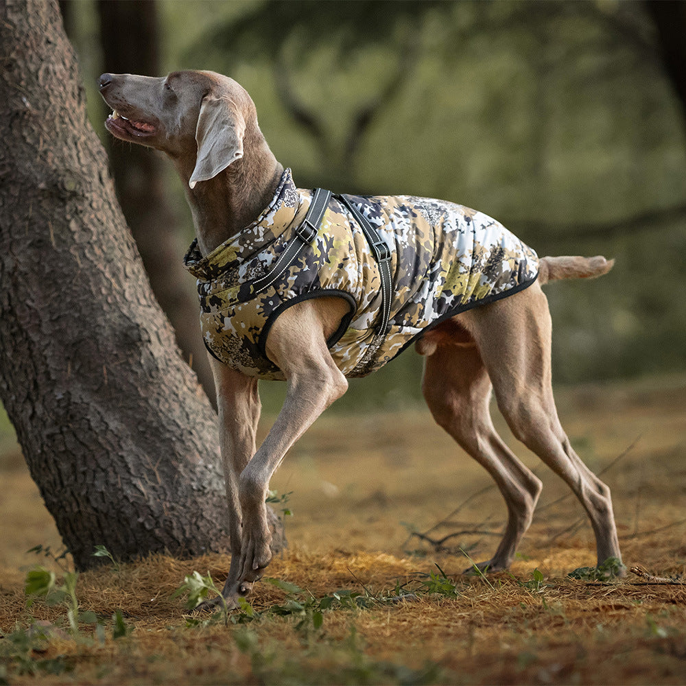 Thick padded winter dog coat in Army Green, side view