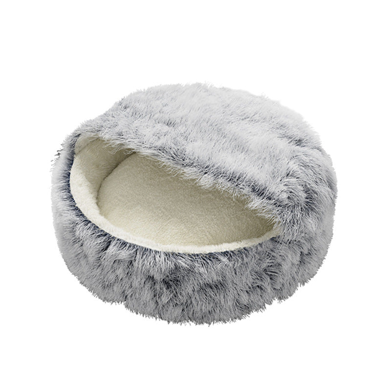 Grey semi enclosed long pile velvet cat bed, view 2