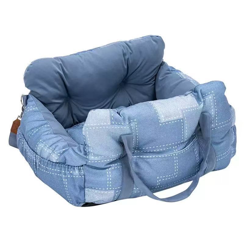 Dark grey padded dog car booster seat bed with strap, view 28