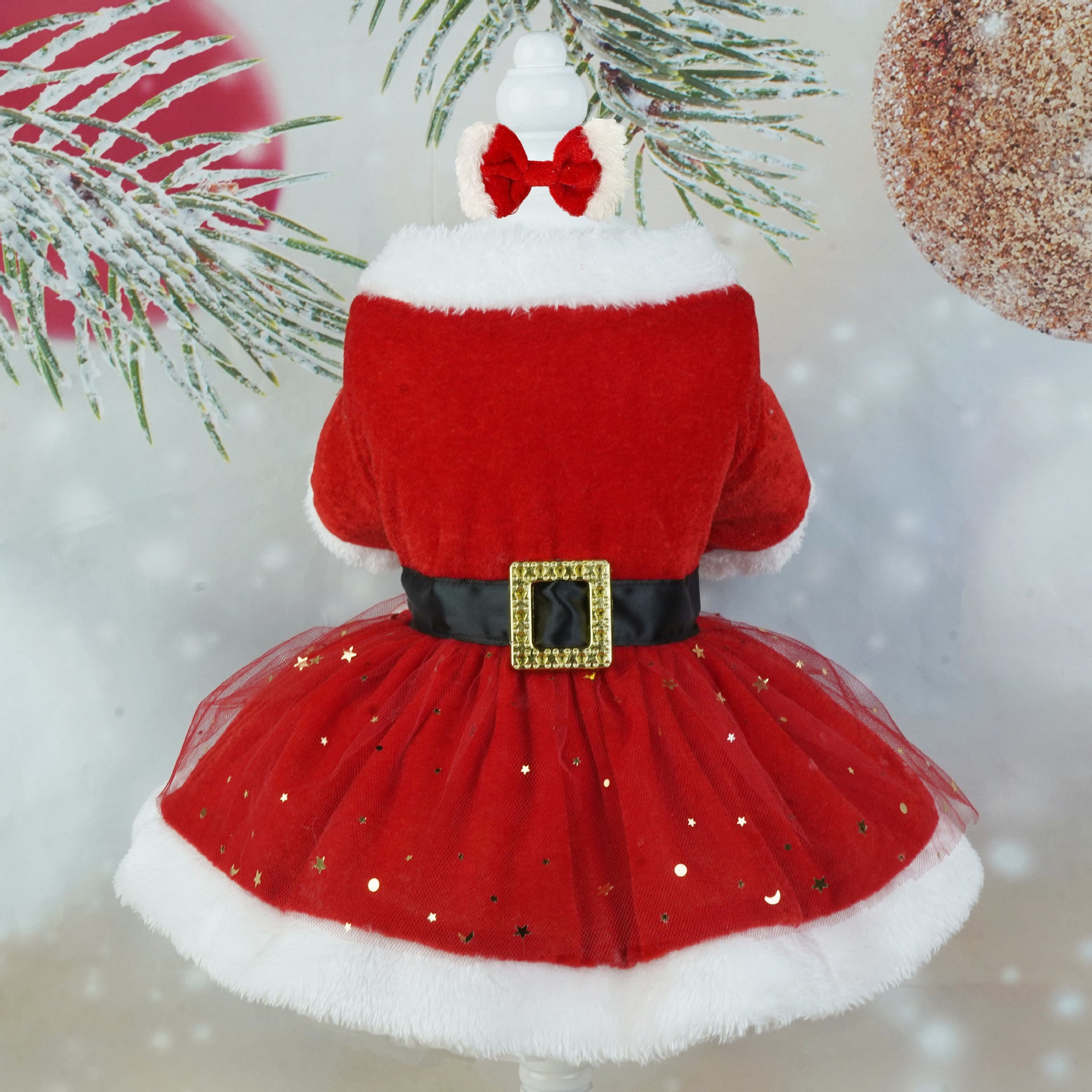 Christmas polar fleece pet dress for small dogs and cats, close-up detail