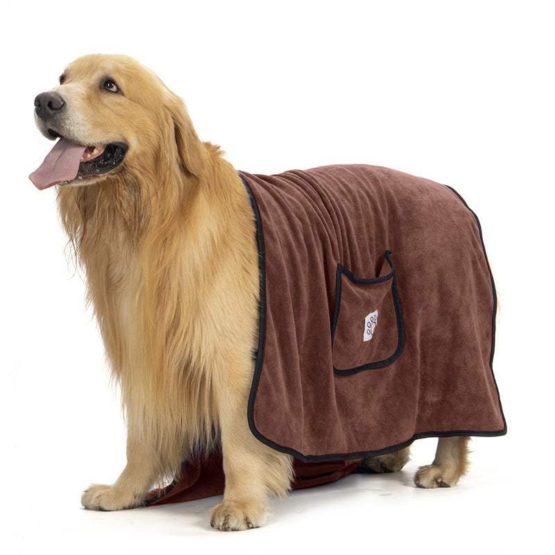 Microfibre pet bath towel with pocket gloves in Brown, top view