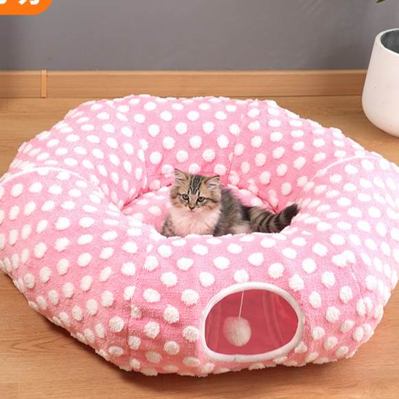 Round Christmas donut cat tunnel bed with festive print, product image 9
