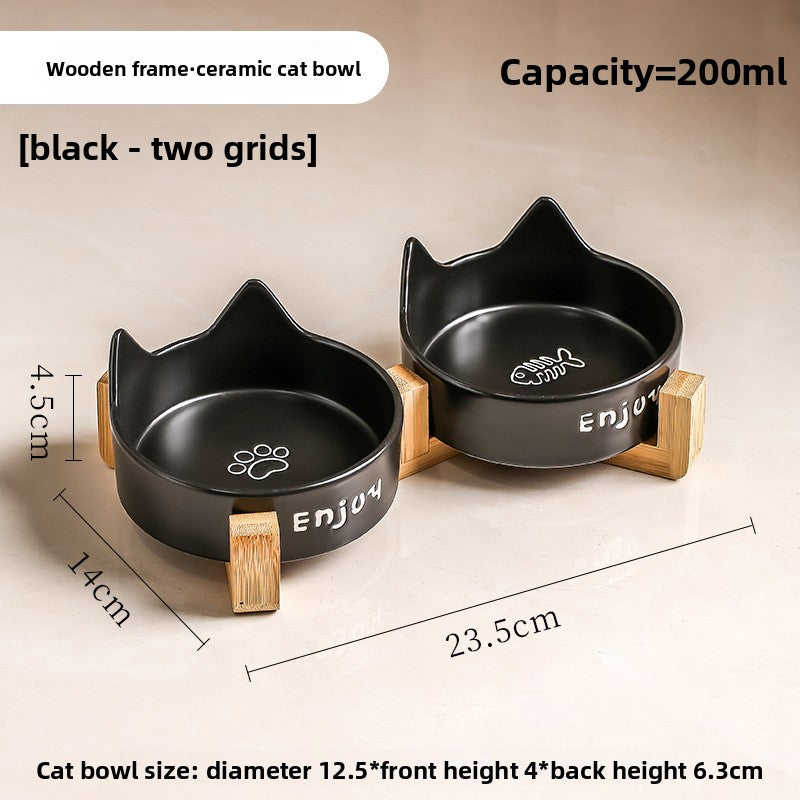 Anti-Spill Ceramic Pet Bowl with Wooden Stand and Cat Ear, Paw or Fish Bone Design