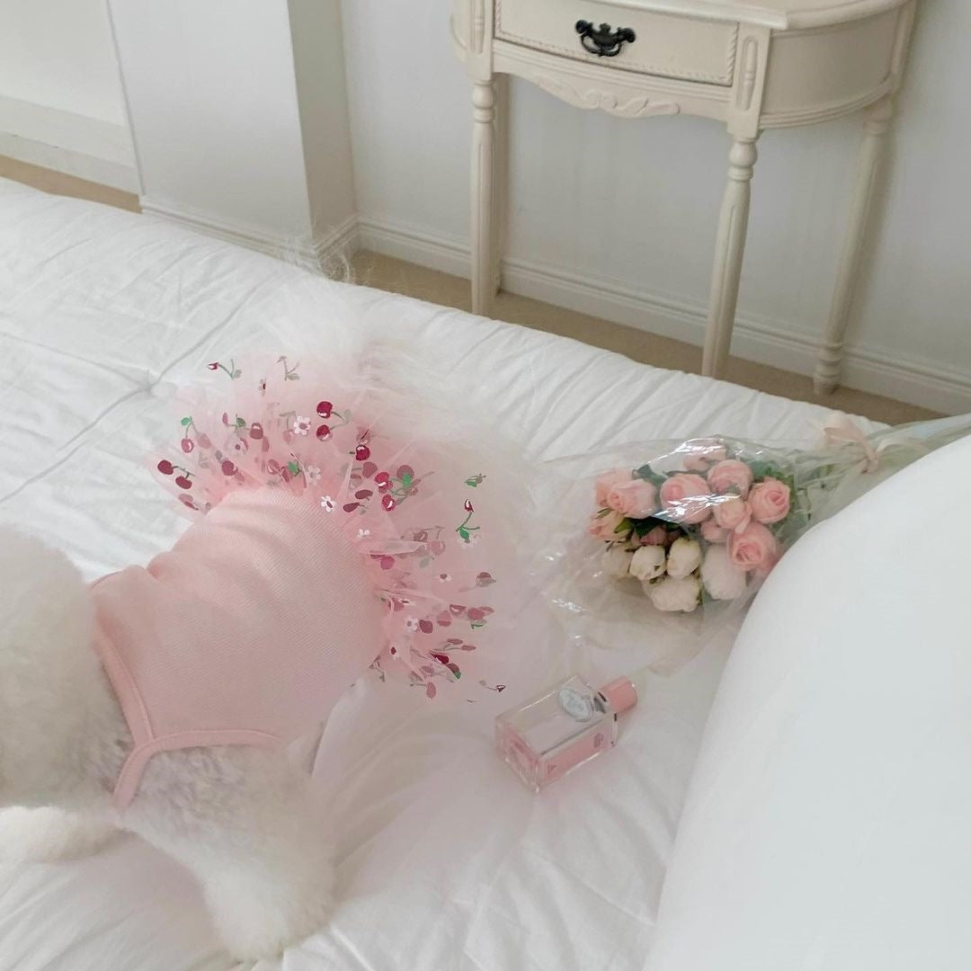 Pink cherry print puffy tutu skirt for small dogs, view 3