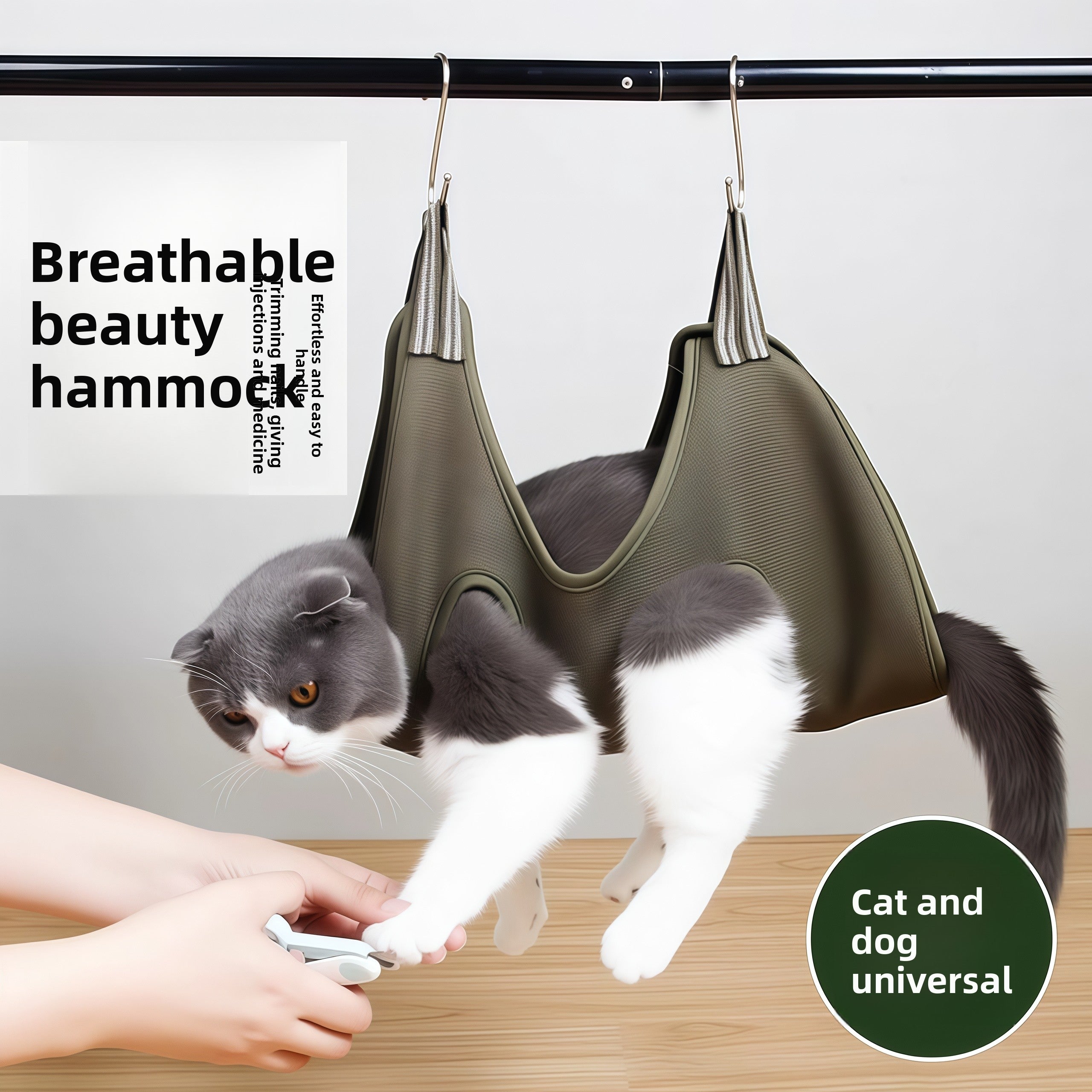 Pet grooming hammock holding a small dog for nail trimming