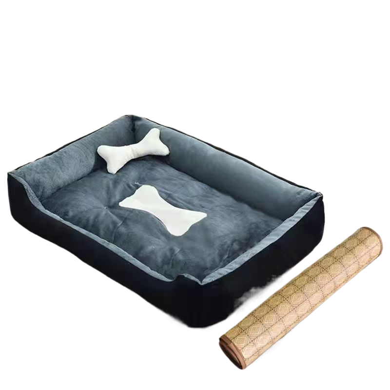 Soft pet bed with blanket, mat and bone pillow, further angle view
