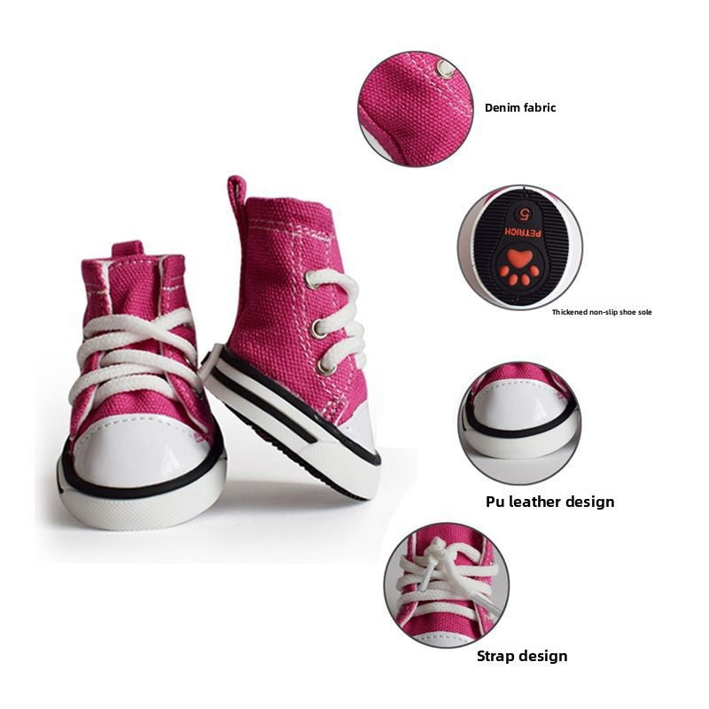 Denim canvas dog shoes with anti-slip sole in Pink, in a home setting