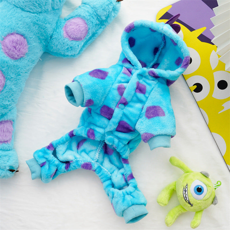 Blue monster flannel four-leg pet onesie in Blue Monster, side view