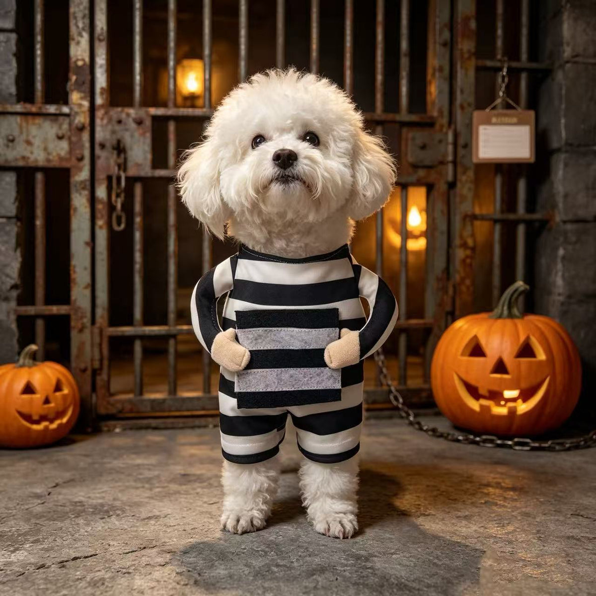 Small dog wearing a funny striped prisoner costume