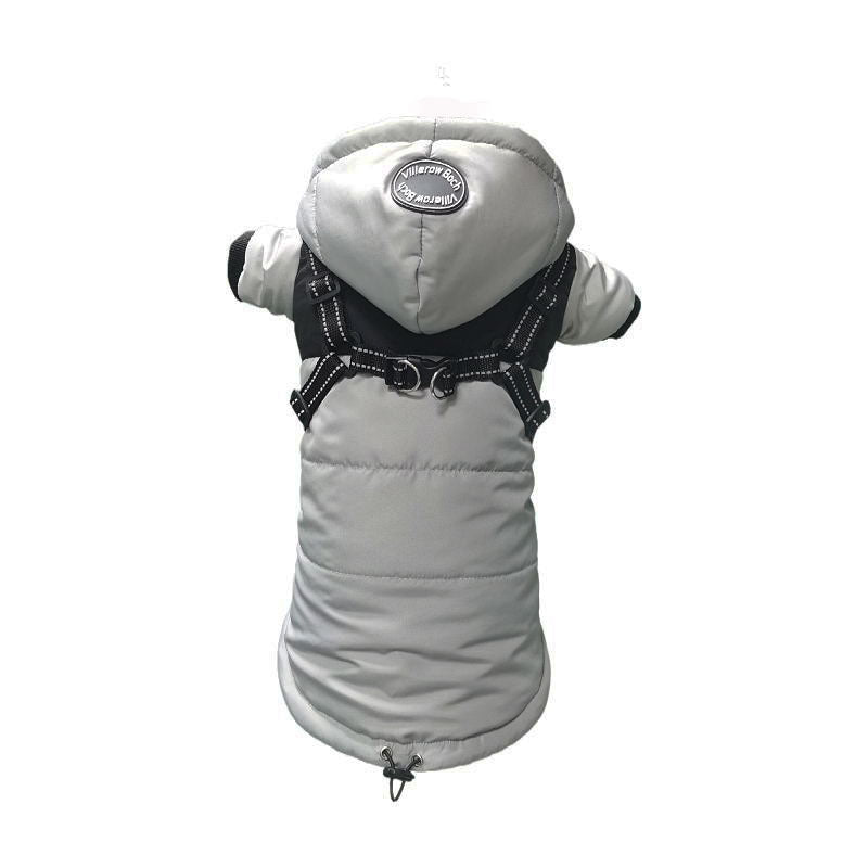 Hooded waterproof dog jacket with built-in harness in Pink, in use with a pet