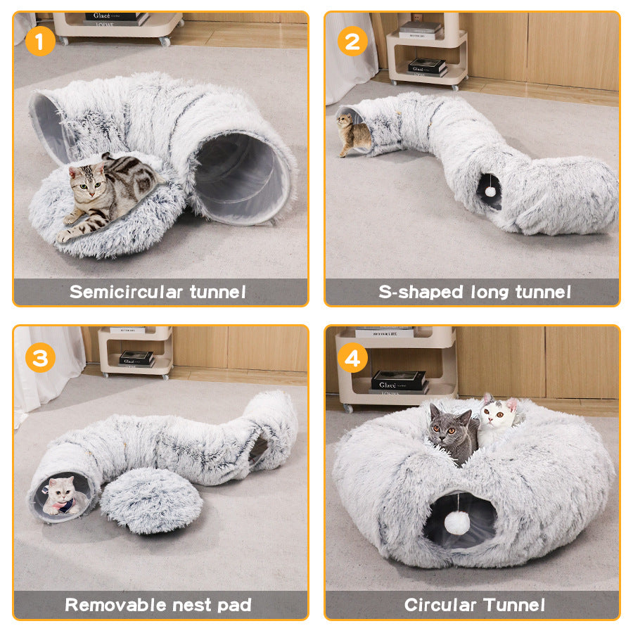 Navy and white striped foldable plush cat tunnel nest, view 3