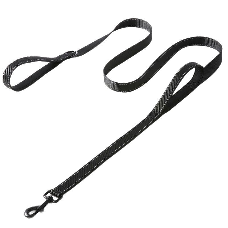 Reflective nylon dog lead with double handle in black