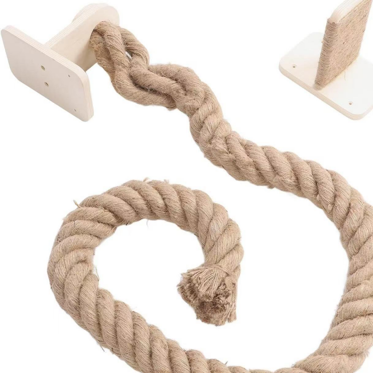 Wall-mounted wooden cat climbing tower with hemp rope, close-up detail view