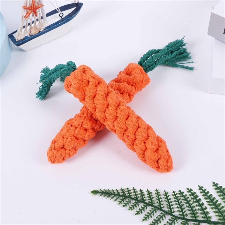 Assorted knotted cotton rope dog toys in sixteen fun designs