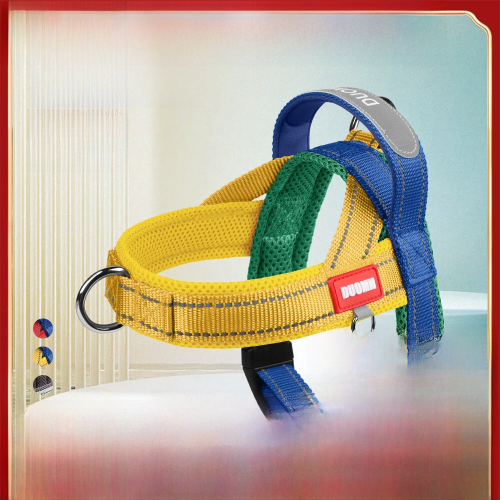 Reflective no pull saddle harness in red and blue on a dog