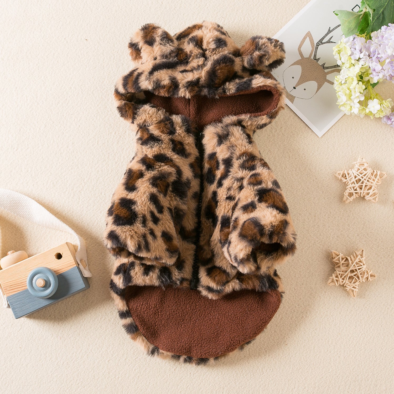 Leopard print plush pet jumpers in pink and brown