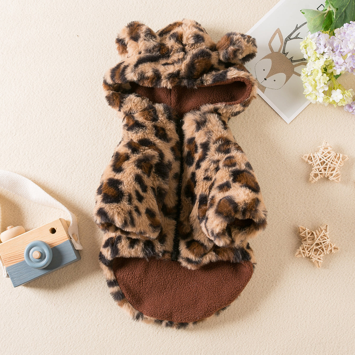 Leopard print plush pet jumpers in pink and brown