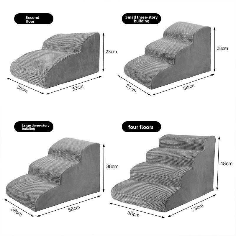 Grey foam dog stairs size chart with 2 to 5 step options
