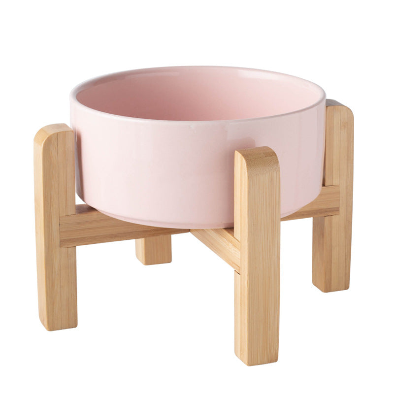 Elevated Ceramic Pet Feeding Bowl with Bamboo Stand, Anti-Spill Base in Five Colours