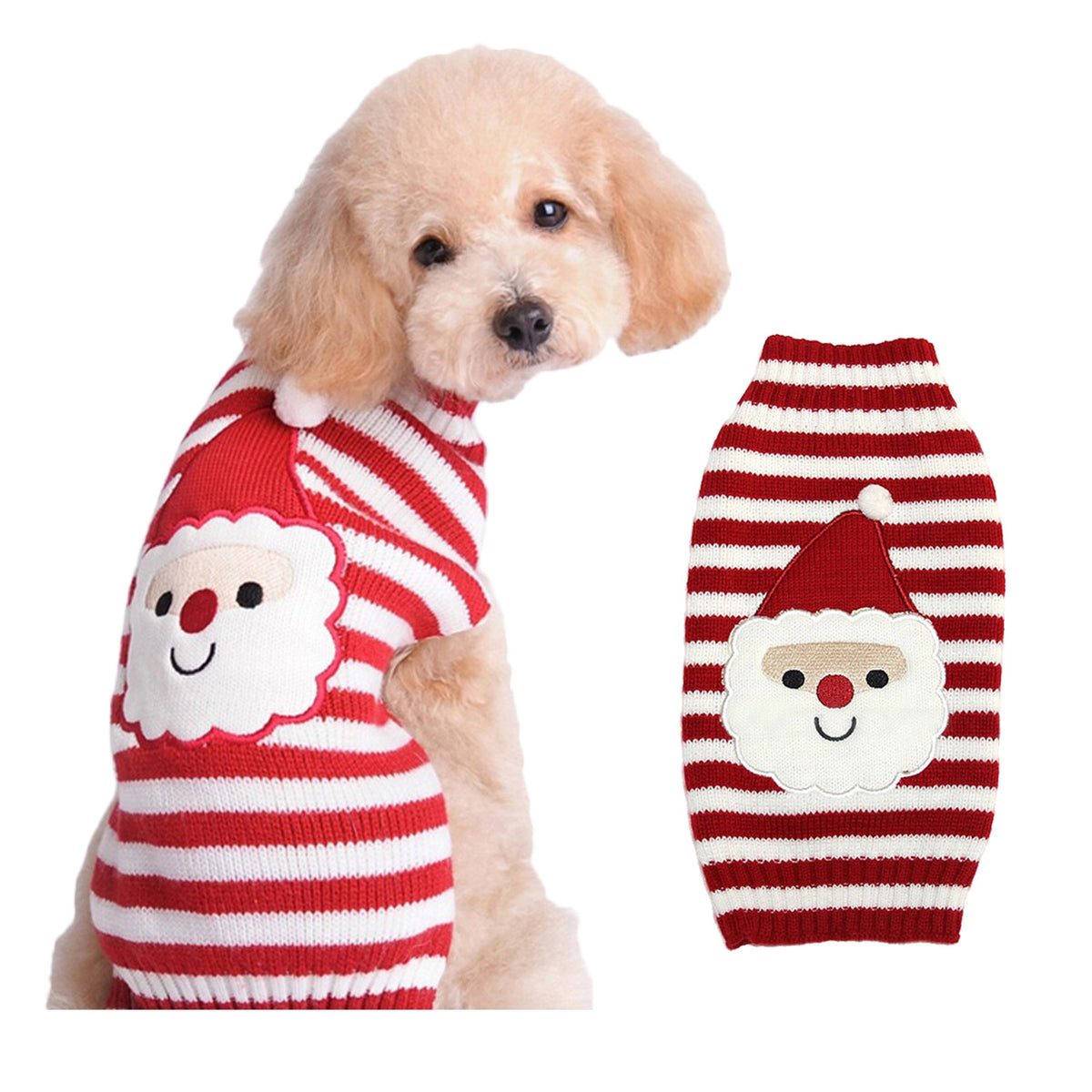 Christmas knitted dog jumper with festive pattern in Black Red-Nosed Fawn, close-up detail