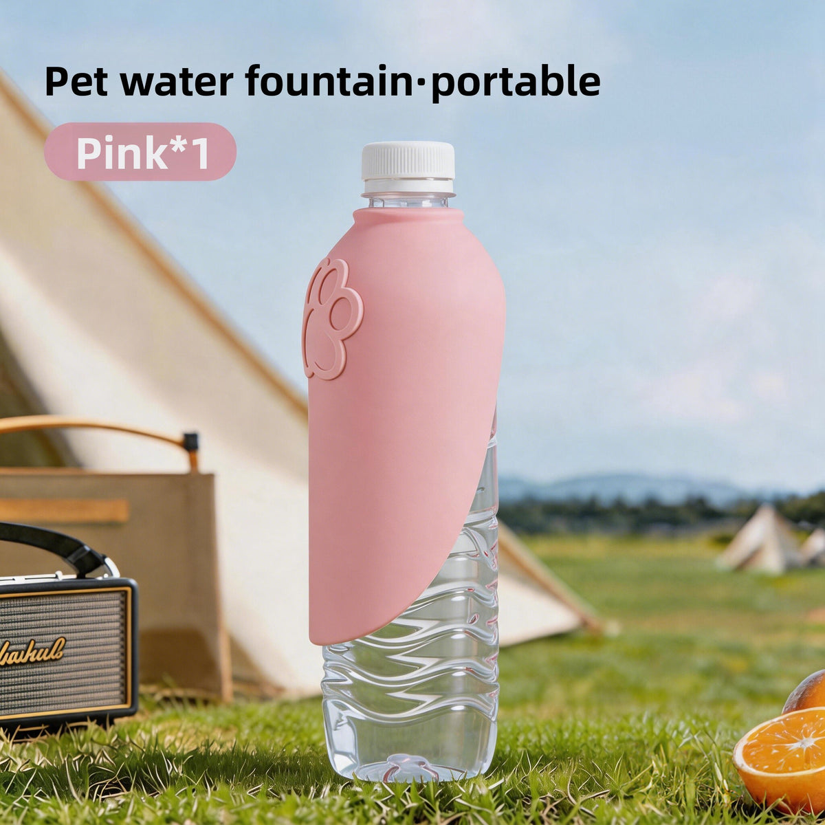 Silicone dog water bottle with foldable U-shaped lid in Pink Single, material detail