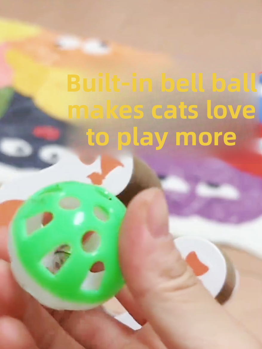 Round accordion corrugated cat scratcher toy with bell ball, view 2 of 10