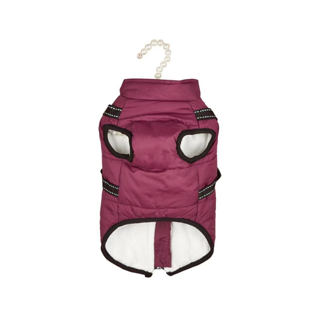 Warm padded cotton dog coat with reflective straps in Purple, showing size and shape