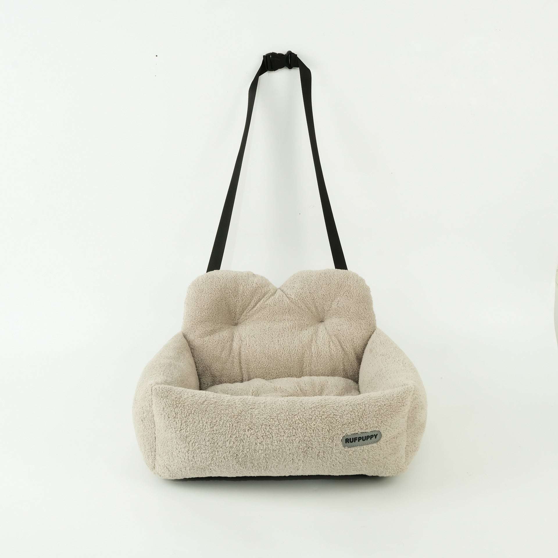 Square plush pet bed with removable cushion, further angle view