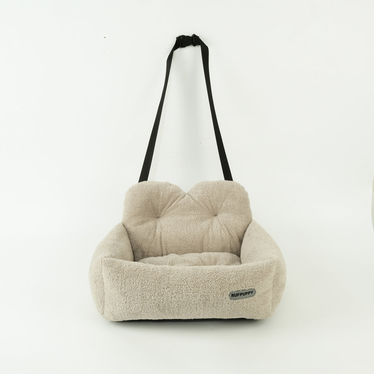 Square plush pet bed with removable cushion, further angle view