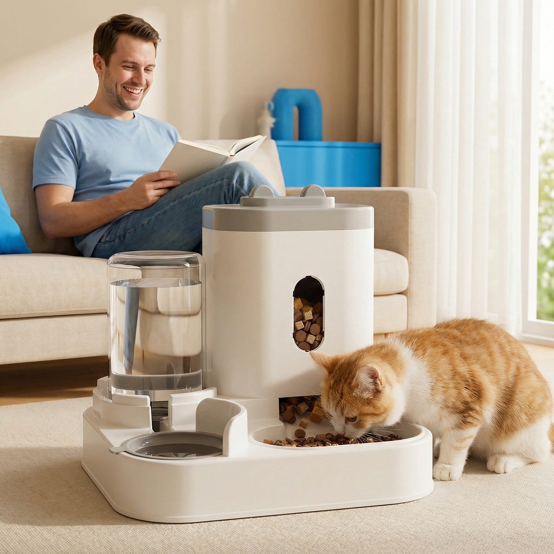 Automatic Pet Food and Water Dispenser with Gravity Feed, 2.3L Food and 1L Water Tank