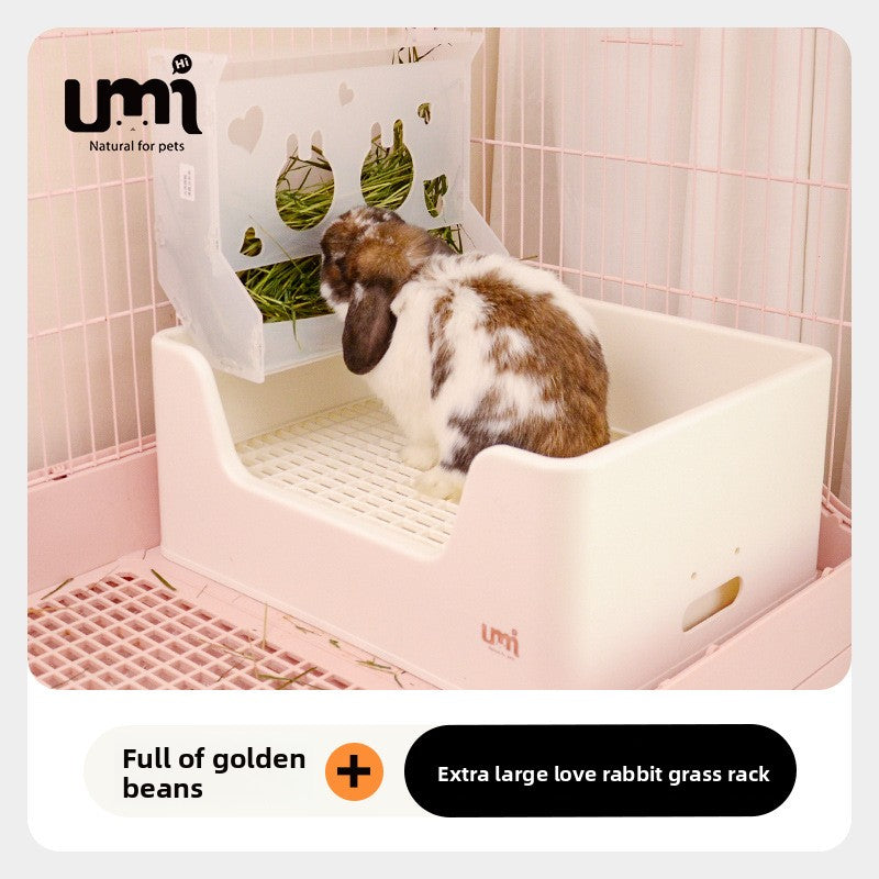 Extra large rabbit litter box with hay rack, further angle view