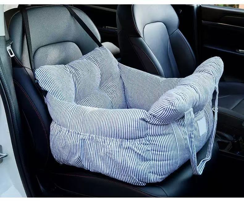Dark grey padded dog car booster seat bed with strap, view 18