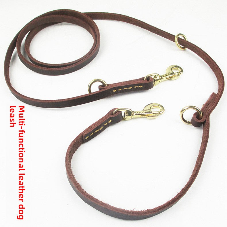 Cowhide leather multi function dog lead with double brass hooks