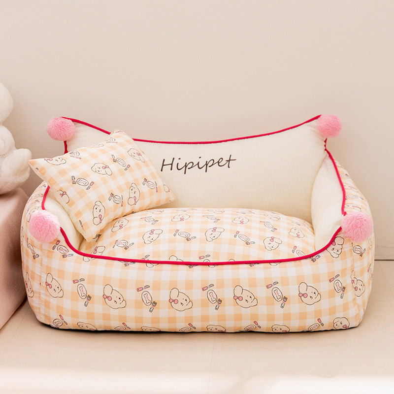 Detachable open pet bed with matching pillow in a cute print pattern, photo 10