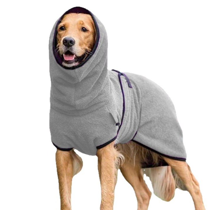Dog wearing a soft lake blue polar fleece jumper