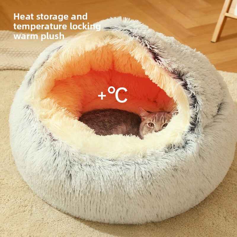 Thick plush cat sleeping bed in two-tone velvet, photo 3 of 29