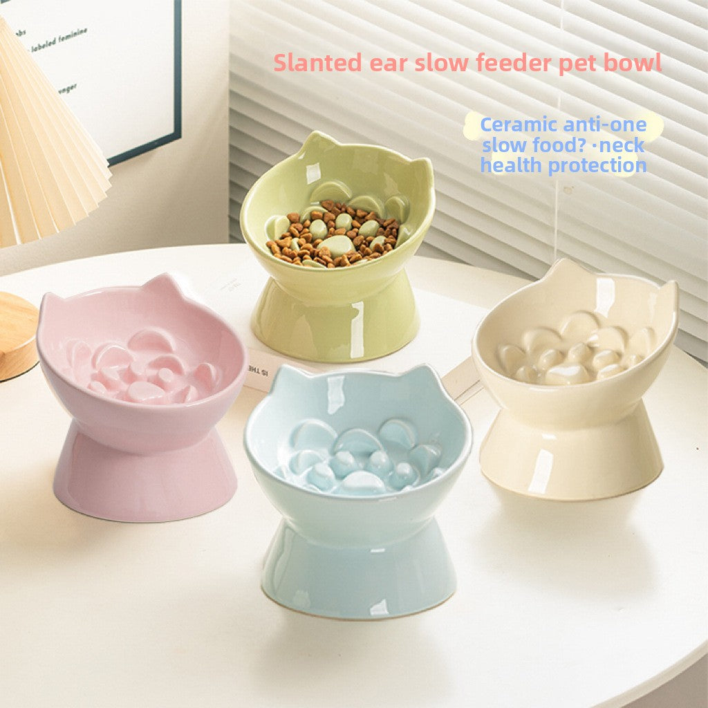 Ceramic High-Foot Cat Bowl with Slanted Rim, Slow-Feeding Feature and Ear Handles