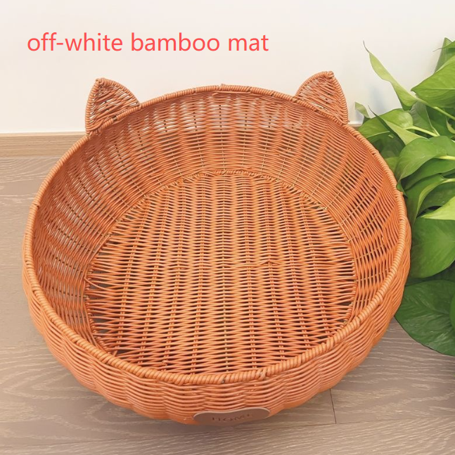Brown rattan woven pet bed with blue cushion for cats, view 13
