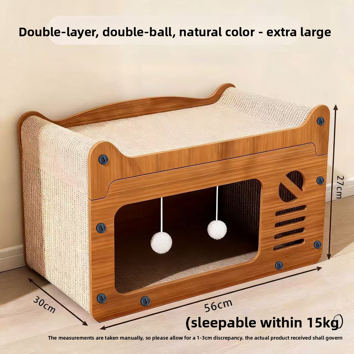 Two tier cardboard cat house with scratching board and play balls, view 7 of 14