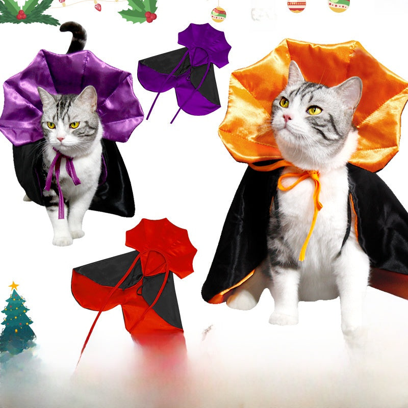 Halloween bat style pet cloak with 3D collar in Red and Black, front view