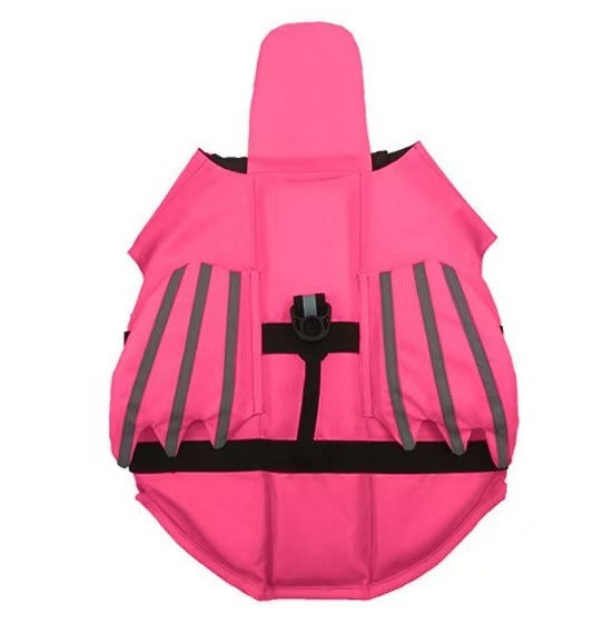Dog swim vest with reflective angel wings in Orange, in a home setting