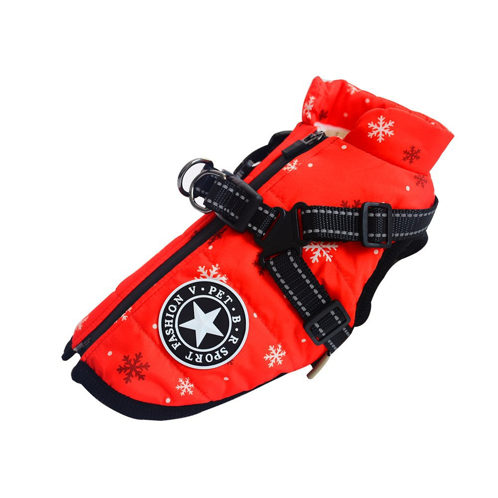 Thick padded winter dog coat in Red, front view