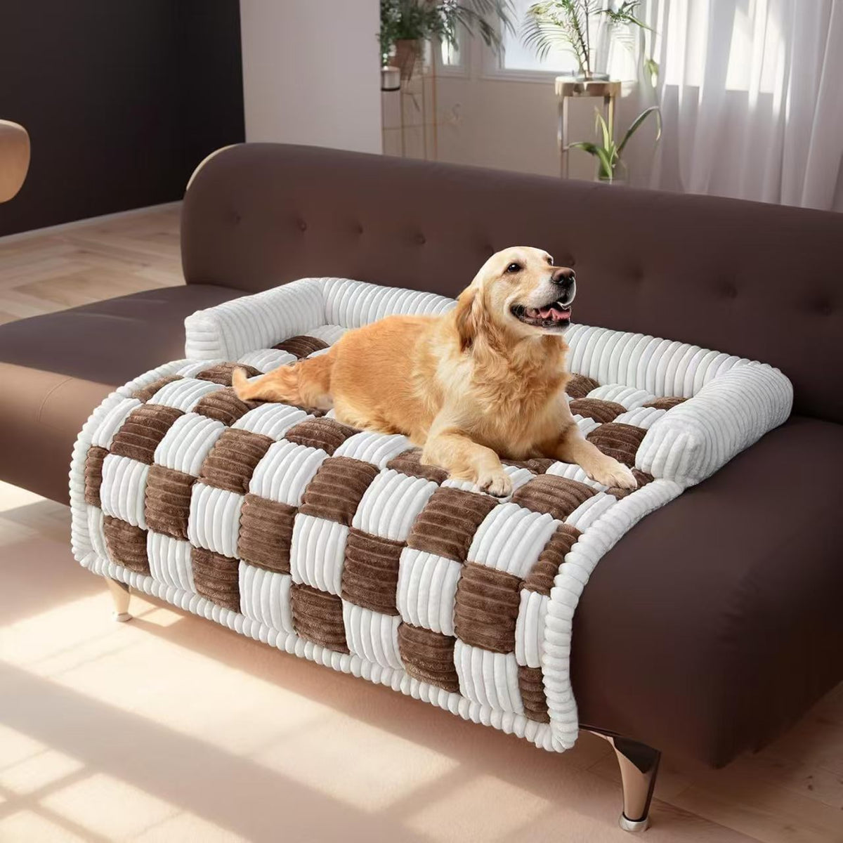 Dog lying on a black and white plush pet mat
