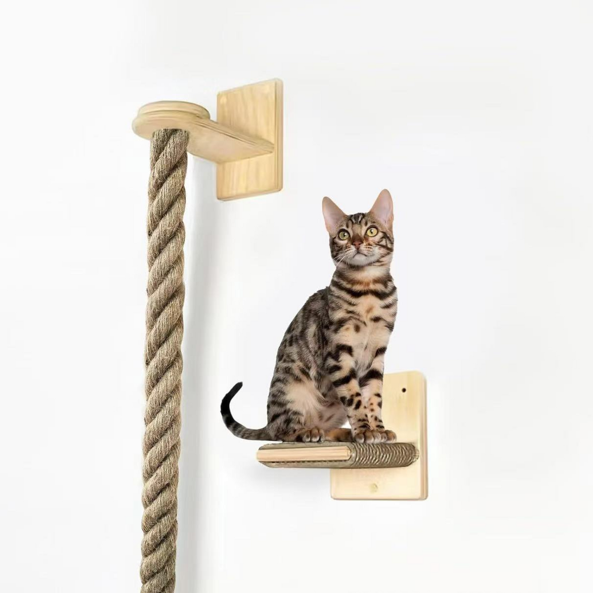 Wall-mounted wooden cat climbing tower with hemp rope, main product photo