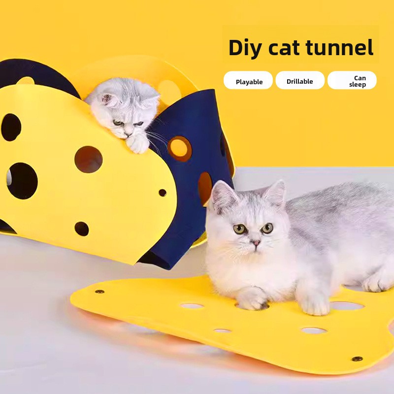 DIY felt cat tunnel nest in yellow and blue